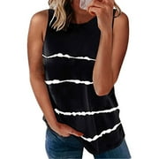 MRULIC t shirts for women Fashion Women's Loose Sleeveless T-shirt Round Neck Striped Print Tops Womens t shirts Black + L